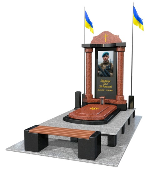 Alt 3D визуализованная модель гранитного памятника с красного и черного гранита, с точеными колонами, крышей, лавочкой, надгробной плитой и двумя жолто голубыми флагами на флаг штоках.